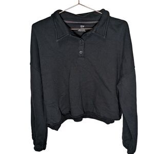 Aerie Sweatshirt Womens Medium Black Button Collared Cropped Pullover Sweater M